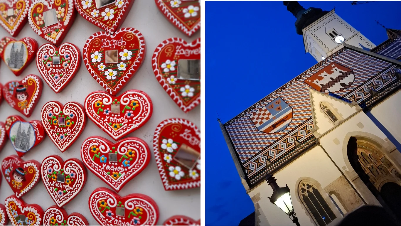 Kolorowe pierniki w kształcie serca ozdobione napisami i kwiatkami oraz fragment zabytkowego kościoła z charakterystycznym dachowym wzorem w geometryczne motywy i herbami na tle wieczornego nieba.