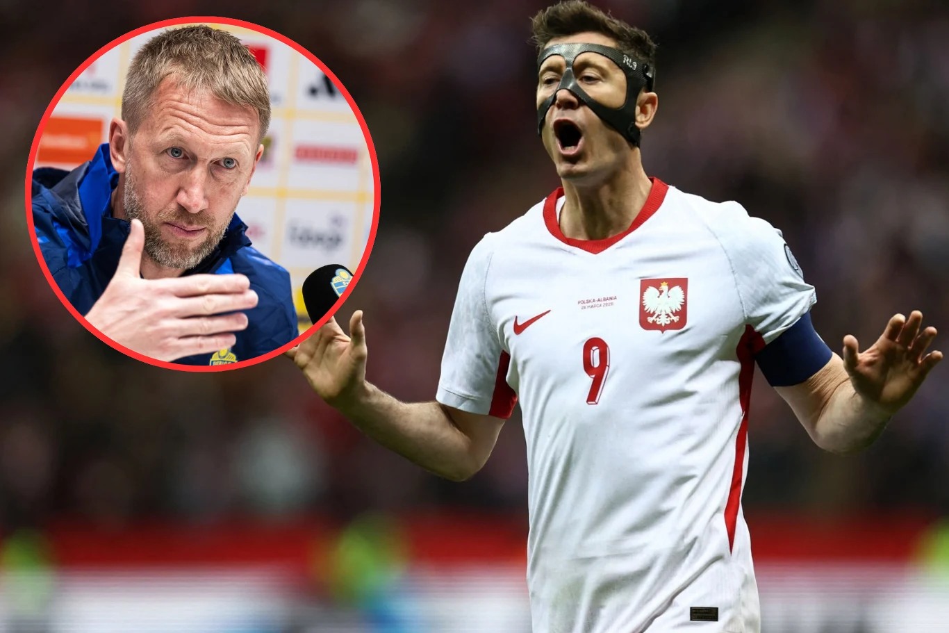 piłkarz w białej koszulce z numerem 9 i czarną maską na twarzy świętuje zdobycie gola podczas meczu reprezentacji Polski, w lewym górnym rogu okrągłe wstawienie z portretem mężczyzny wypowiadającego się na konferencji prasowej