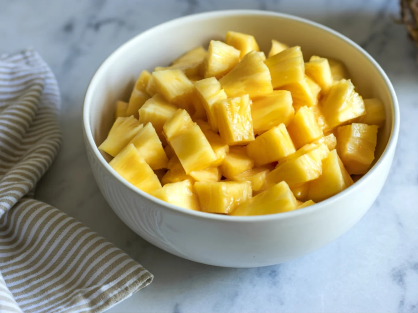 Ten owoc jest źródłem witaminy C, która pomaga w syntezie kolagenu. Regularne jedzenie owocu poprawi wygląd skóry. Miska z kawałkami świeżego ananasa na marmurowym blacie obok biało-szarej ściereczki w paski