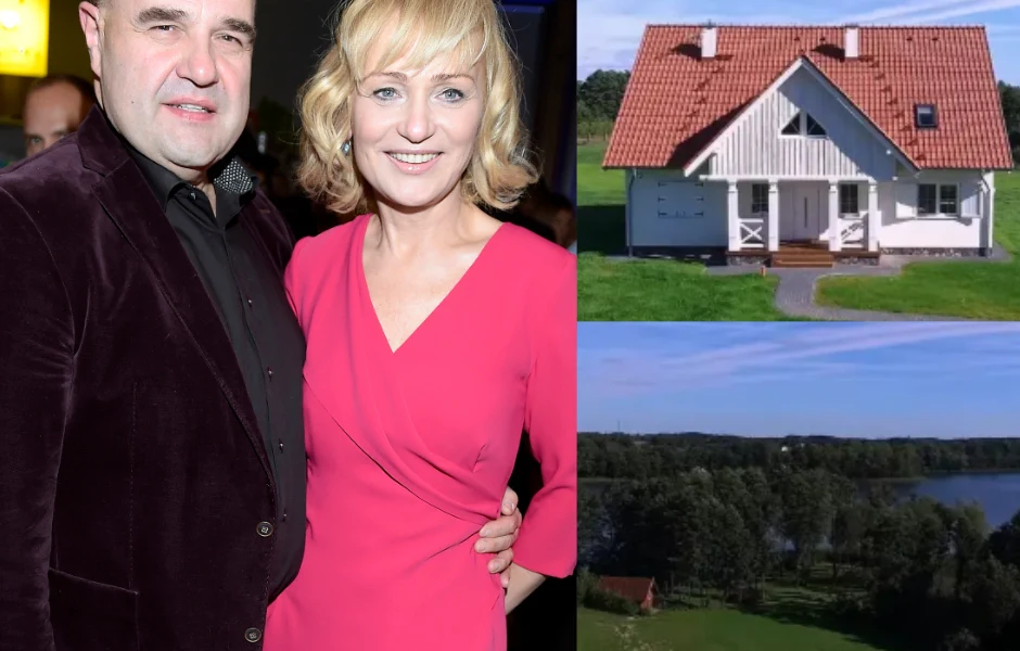 Para ubrana elegancko, obejmująca się i uśmiechnięta, obok kolażu zdjęć jasnego domu z czerwonym dachem oraz widoku na jezioro i otaczającą zieleń.