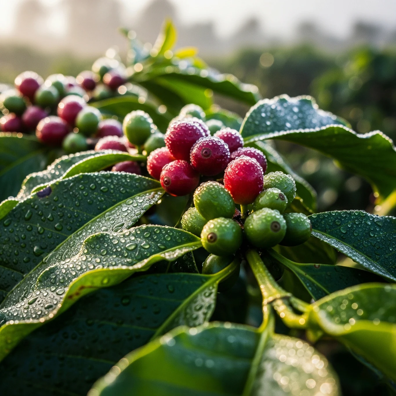 Gałązki kawowca pokryte kroplami rosy, z widocznymi dojrzewającymi owocami w odcieniach zieleni i czerwieni, na tle rozmytych plantacji w porannym świetle.