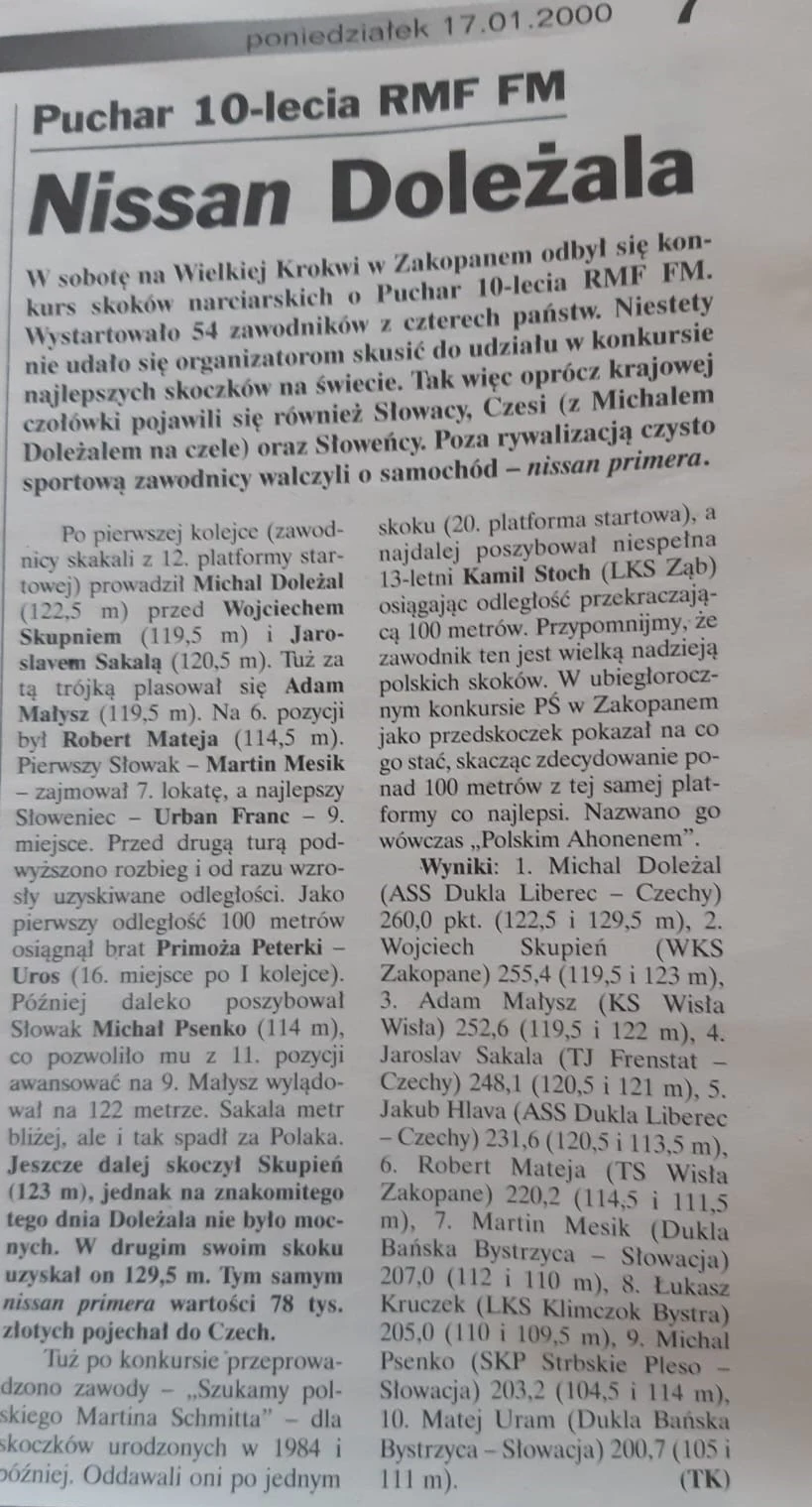 Artykuł prasowy z 2000 roku relacjonujący konkurs skoków narciarskich o Puchar 10-lecia RMF FM na Wielkiej Krokwi w Zakopanem, skupiający się na zwycięstwie Michała Doleżala i udziale międzynarodowych zawodników ze Słowacji, Czech oraz Polski; szczegół...