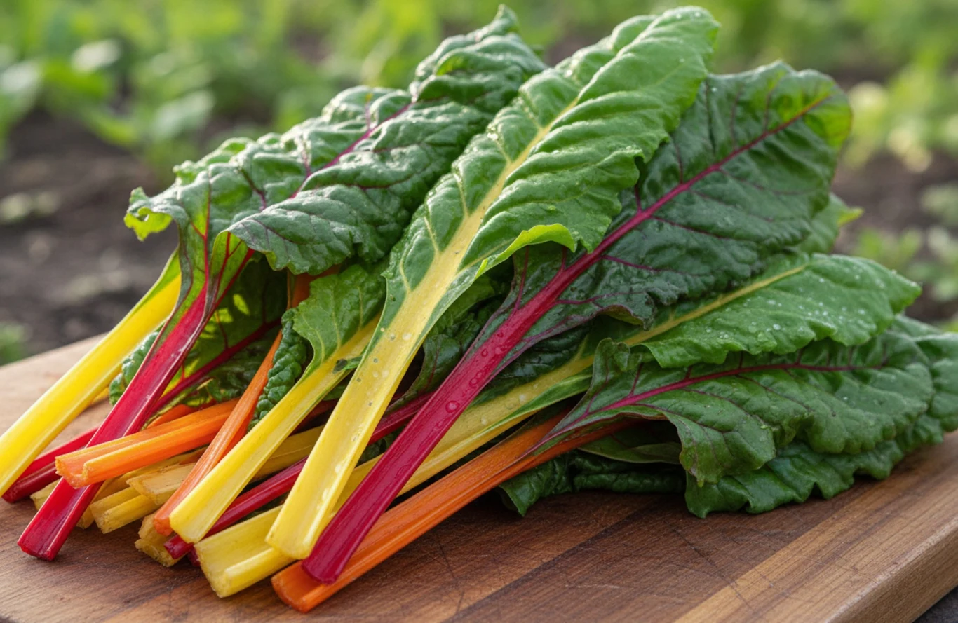 W Polsce ta odmiana nie jest szczególnie popularna, warto to zmienić Liście mangoldu na drewnianej desce, w naturalnym otoczeniu.