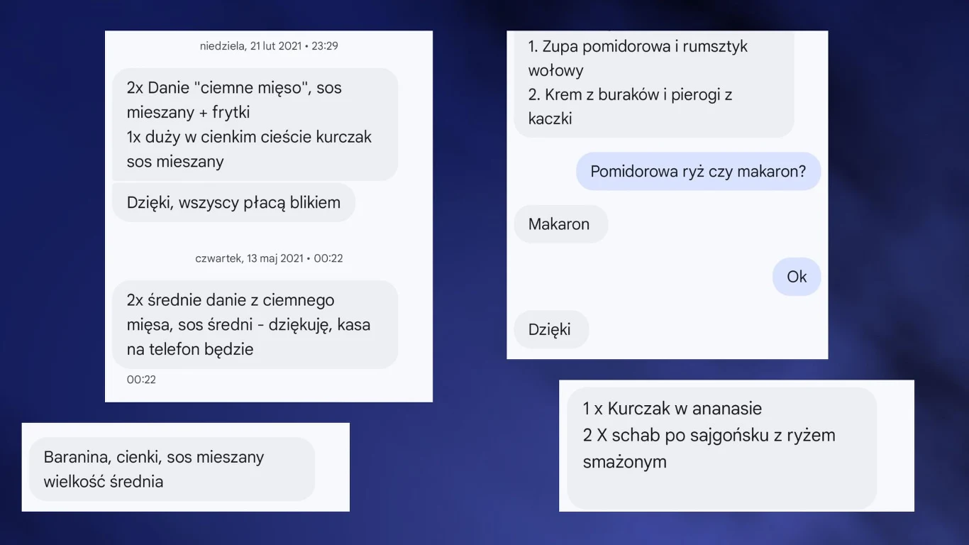 Kolaż kilku okienek czatu z zamówieniami na jedzenie, zawierający szczegółowe listy dań takich jak zupa pomidorowa, kurczak w ananasie, schab po sgajorsku oraz informacjami na temat sposobu płatności i preferencji dotyczących dodatków do potraw.