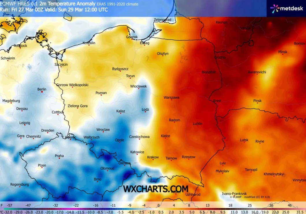 W niedzielę na południu będzie wyraźnie chłodniej, a na terenach podgórskich w ciągu dnia może być niewiele powyżej zera Mapa Polski pokazująca wyraźny kontrast temperatur – zachodnia część kraju oznaczona kolorami niebieskimi i białymi z wyraźnym ochłodzeniem, podczas gdy wschodnia część kraju oraz obszary przygraniczne z Ukrainą, Białorusią i Litwą pokryte intensywnymi...