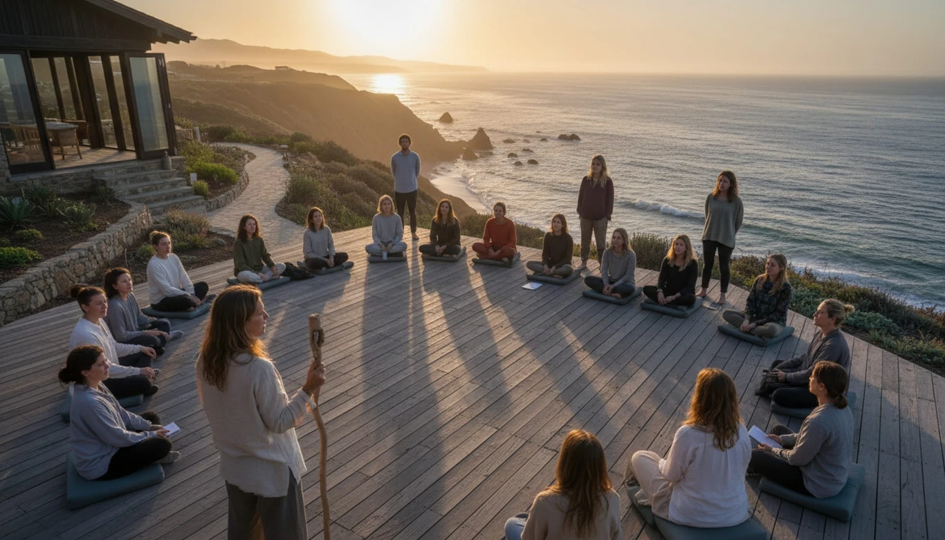 Grupa osób siedzi w kręgu na tarasie z widokiem na ocean podczas zachodu słońca, prowadząca kobieta stoi z drewnianą laską pośrodku, atmosfera sprzyja relaksowi i skupieniu.