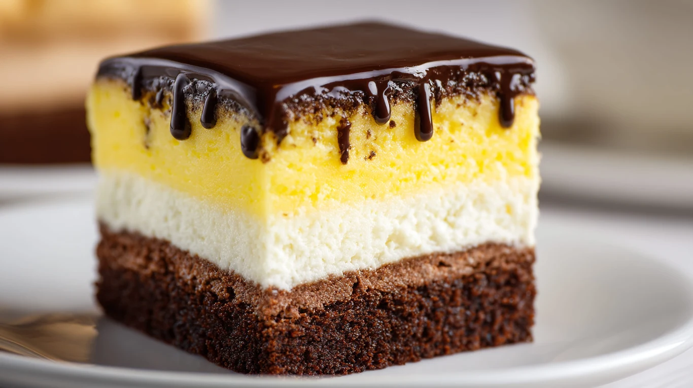 Pyszne i warstwowe ciasto, które przypadnie do gustu nawet najbardziej wymagającym Kawałek ciasta Złote Dziecko Teściowej z trzema warstwami i polewą czekoladową na białym talerzyku.