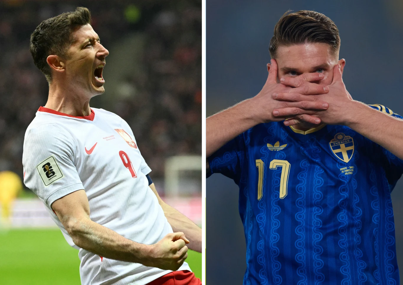 po lewej piłkarz w białej koszulce z numerem 9 wyraża silne emocje podczas celebracji, po prawej zawodnik w niebieskiej koszulce z numerem 17 zasłania twarz dłońmi w geście sportowej ekspresji