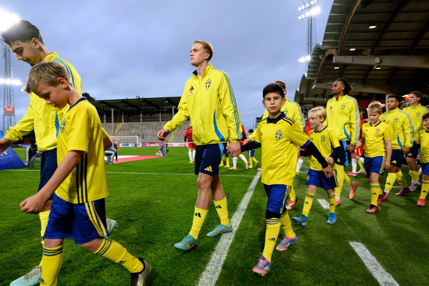 piłkarze szwedzkiej reprezentacji w żółtych koszulkach wchodzą na stadion, trzymając za ręce dzieci ubrane w identyczne stroje sportowe