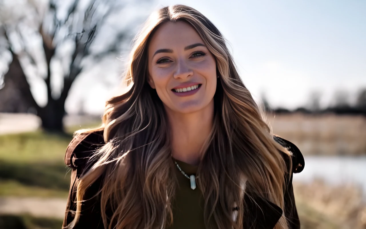 Marcelina Zawadzka Uśmiechnięta Marcelina Zawadzka w brązowym płaszczu i zielonej bluzce, w plenerze, podczas nagrywania materiału w Malborku.