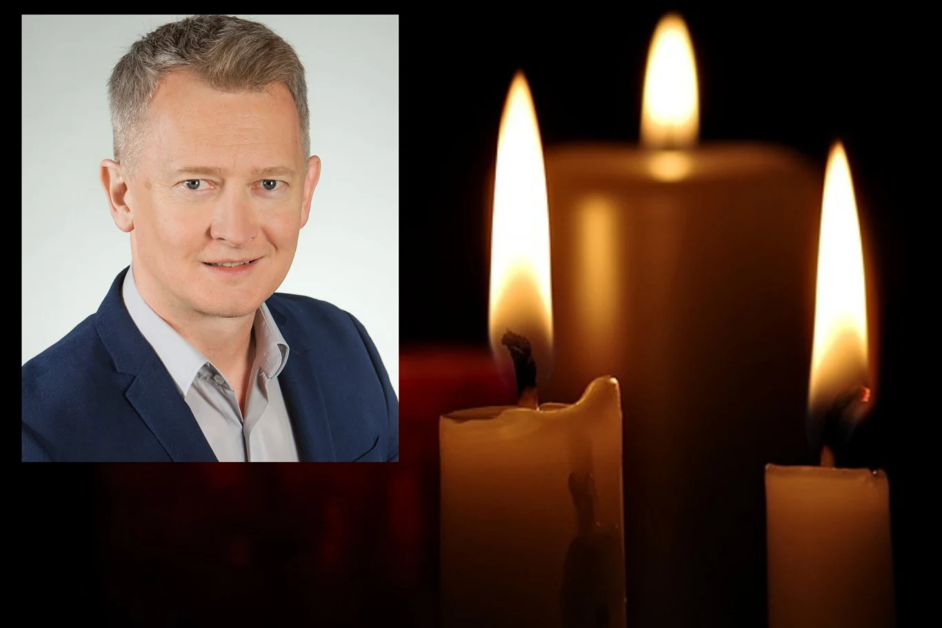 portret mężczyzny w garniturze połączony z symbolicznym obrazem trzech płonących świec na ciemnym tle