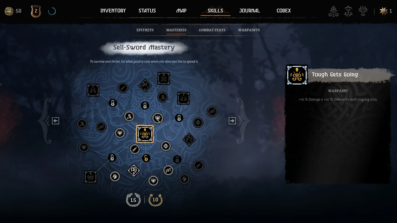 interfejs gry z zakładką umiejętności, centralnie drzewko rozwoju postaci z zaznaczoną umiejętnością Tough Gets Going, po prawej szczegóły wybranej umiejętności zwiększającej obrażenia po przyjęciu obrażeń, ciemne tło z delikatnym wzorem i nieczytelną ...