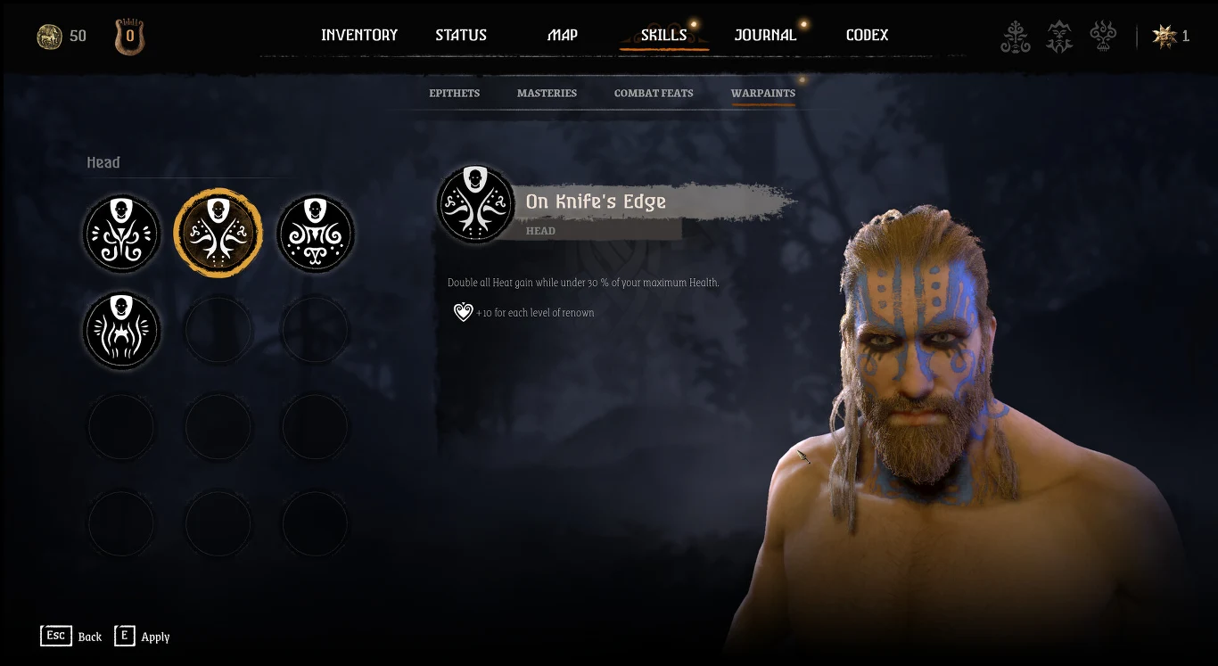 Interfejs gry wideo z widocznym menu umiejętności i ikonami talentów, po prawej stronie sylwetka mężczyzny z długimi, plecionymi włosami, brodą oraz niebieskimi tatuażami na twarzy, podświetlona opcja 'On Knife's Edge' z opisem umiejętności.