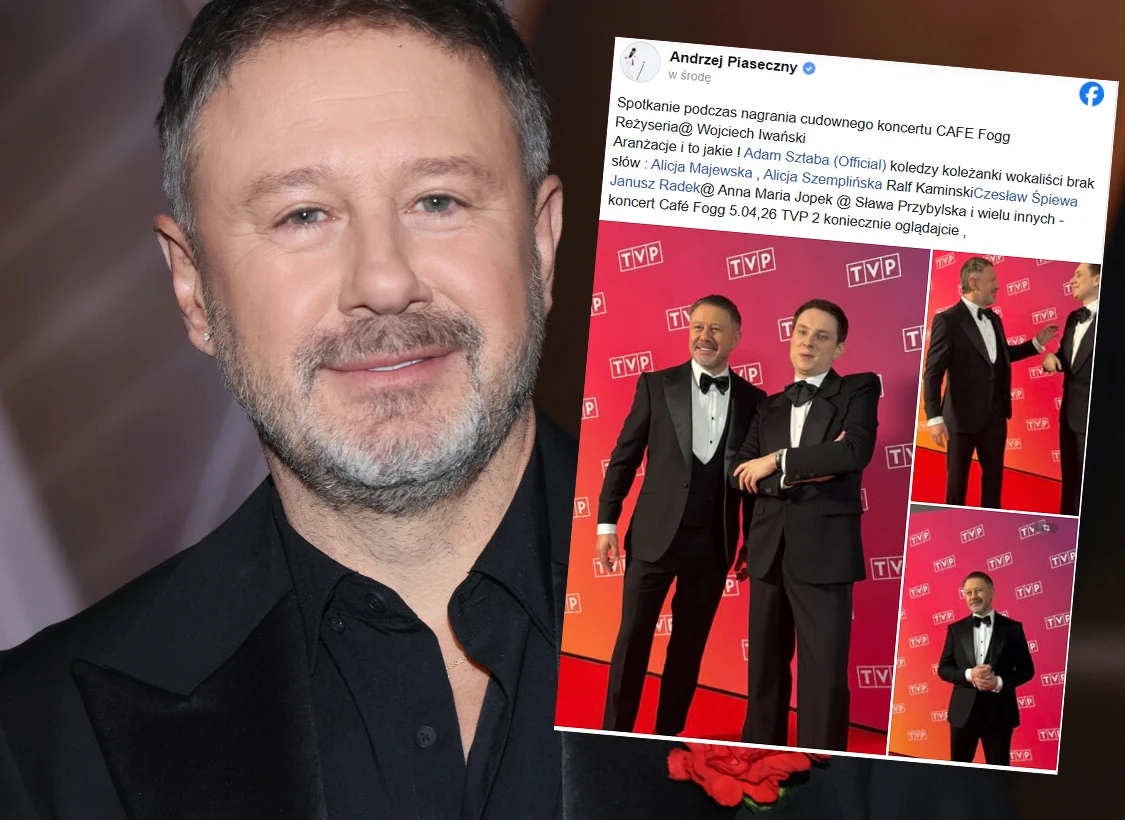 Mężczyzna w garniturze z lekkim zarostem uśmiecha się do aparatu; w prawym dolnym rogu grafiki widoczny kolaż z mediów społecznościowych, na którym dwaj elegancko ubrani mężczyźni pozują na czerwonym tle z logo TVP oraz opublikowany tekst z wpisu na Fa...