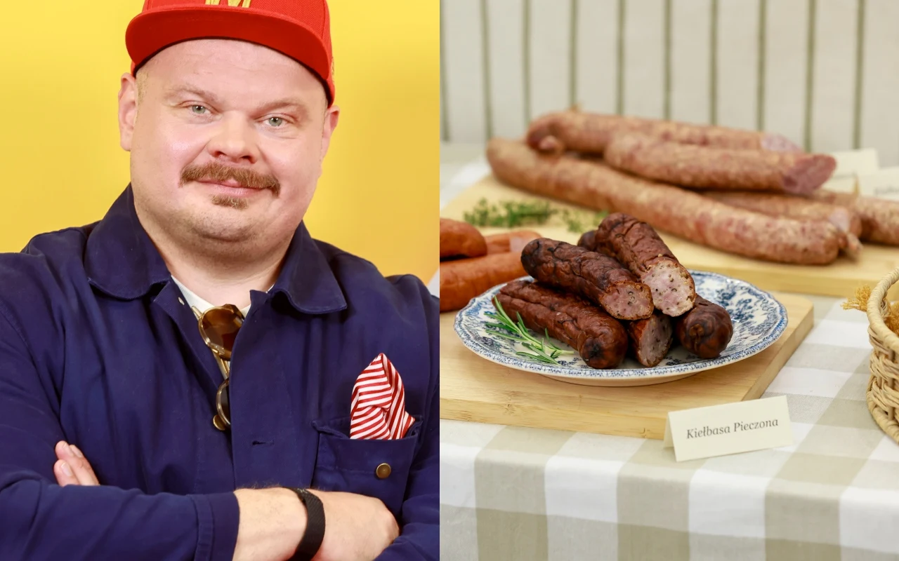 Jurek Sobieniak mówił dziś w "halo tu polsat" o najlepszej kiełbasie do wielkanocnego żurku Jurek Sobieniak w czerwonej czapce na tle żółtego tła, obok talerz z różnymi kiełbasami do żurku i na Wielkanoc