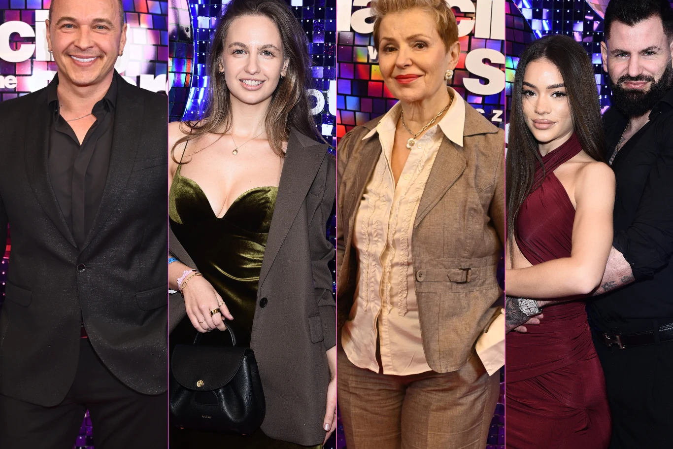 Cztery duety pozują na tle kolorowej ściany z motywem błyszczących płytek i logo programu, każdy wyróżnia się eleganckimi stylizacjami; mężczyźni ubrani są w ciemne garnitury, kobiety w efektowne suknie i marynarki, wszyscy uśmiechają się lub patrzą z ...