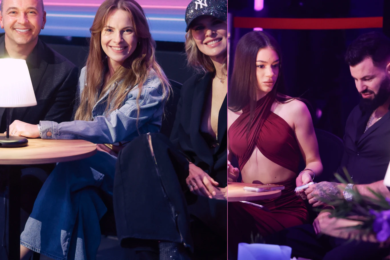 Grupa osób siedzi przy okrągłym stoliku w klubowym lub telewizyjnym wnętrzu, dwie osoby po lewej uśmiechają się do aparatu, obok nich kobieta w czapce baseballowej, po prawej młoda kobieta w bordowej sukni i mężczyzna zajęci rozmową, na stole stoi zapa...
