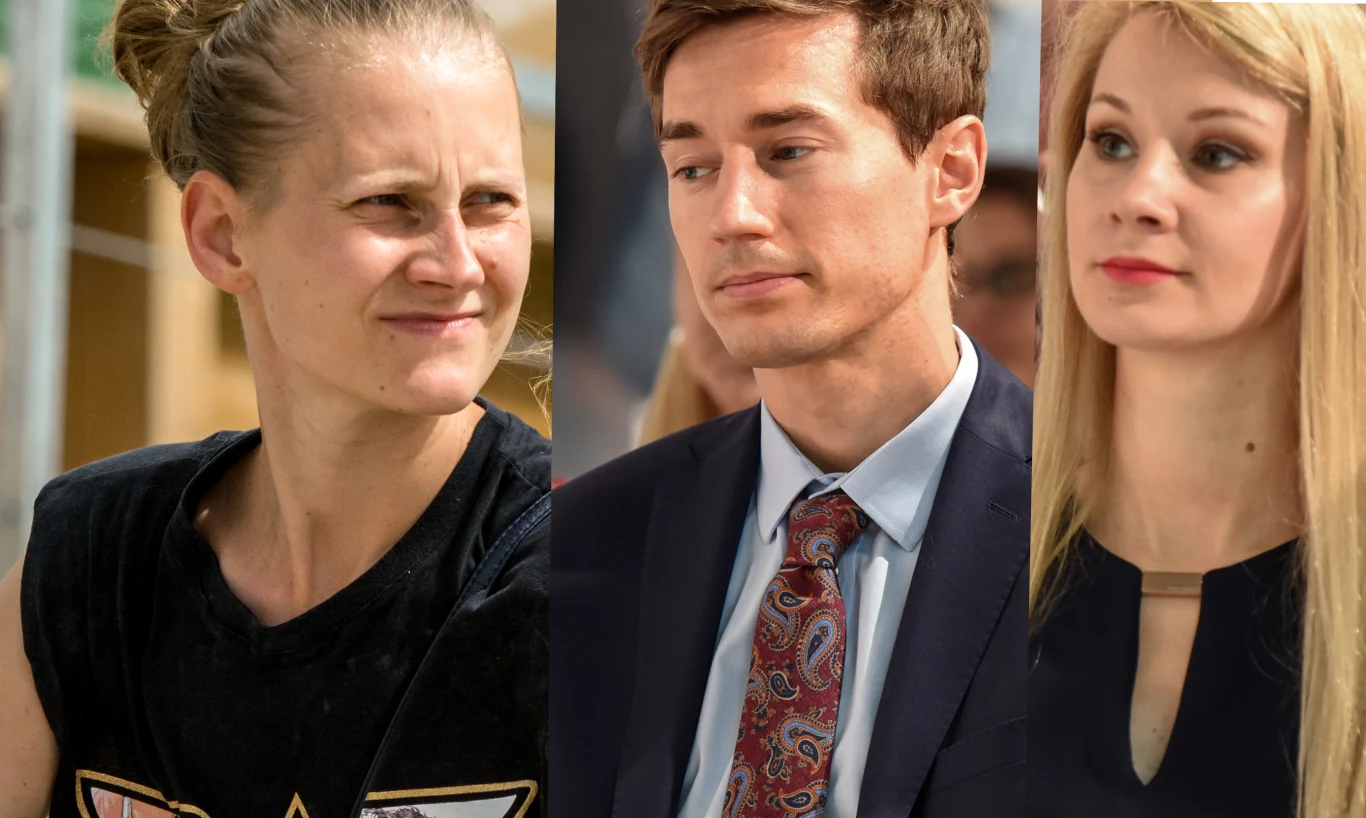 Marta Kubacka, Kamila Stoch z żoną Ewą Marta Kubacka, Kamil Stoch w garniturze i Ewa Stoch w czarnej sukience na osobnych ujęciach.