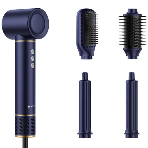 Granatowa suszarko-lokówka z czterema wymiennymi końcówkami: prostującą szczotką, okrągłą szczotką do modelowania oraz dwoma różnej wielkości końcówkami do lokowania włosów, całość wykonana w eleganckim, nowoczesnym stylu z subtelnymi złotymi akcentami.
