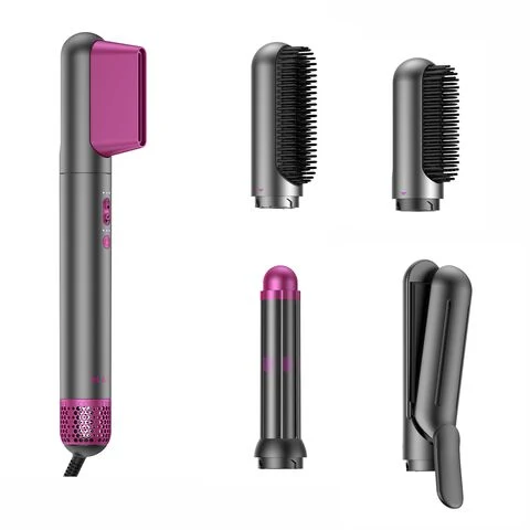 wielofunkcyjne urządzenie do stylizacji włosów z wymiennymi końcówkami: prostownica, lokówka oraz dwie szczotki prostujące, wszystkie w nowoczesnym, szaro-różowym wykończeniu