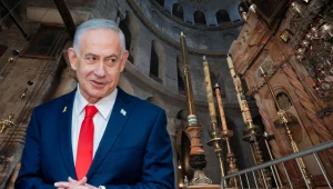 Premier Izraela Binjamin Netenjahu na tle Grobu Pańskiego w Jerozolimie