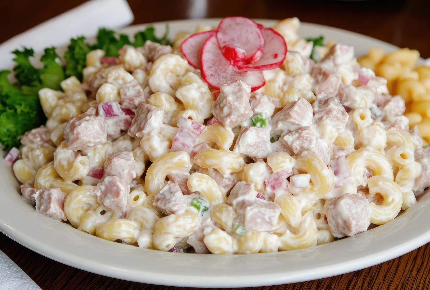 Ta sałatka jest prosta i niezwykle sycąca Zdjęcie przedstawia sałatkę makaronową z szynką na białym talerzu, udekorowaną rzodkiewką.