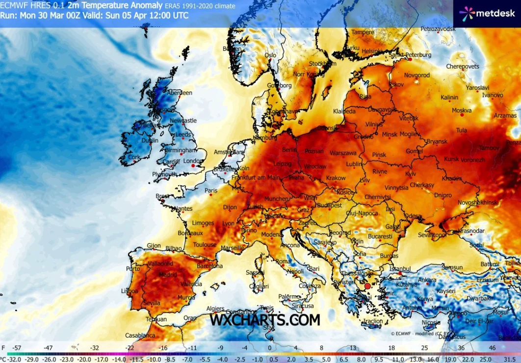 Niedziela Wielkanocna może być najcieplejszym dniem tygodnia - wynika z prognozy IMGW Mapa Europy z zaznaczonymi odchyleniami temperatur od normy, gdzie znaczna część kontynentu, zwłaszcza Francja, Niemcy, Polska i Ukraina, wyróżnia się dużym ociepleniem w porównaniu do okresu referencyjnego, natomiast Hiszpania, Wyspy Brytyjskie oraz S...