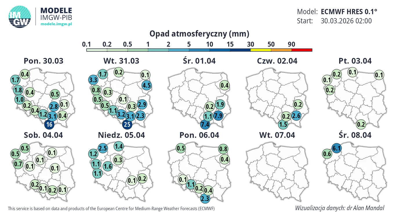 Wielkanoc 2026 może być miejscami deszczowa, szczególnie w Lany Poniedziałek Mapa Polski z prognozą opadów atmosferycznych na kolejne dni, przedstawiająca rozkład opadów w milimetrach w różnych regionach kraju, z oznaczeniami liczbowymi na tle granic województw; największe opady widoczne w północno-zachodniej i południowo-zacho...