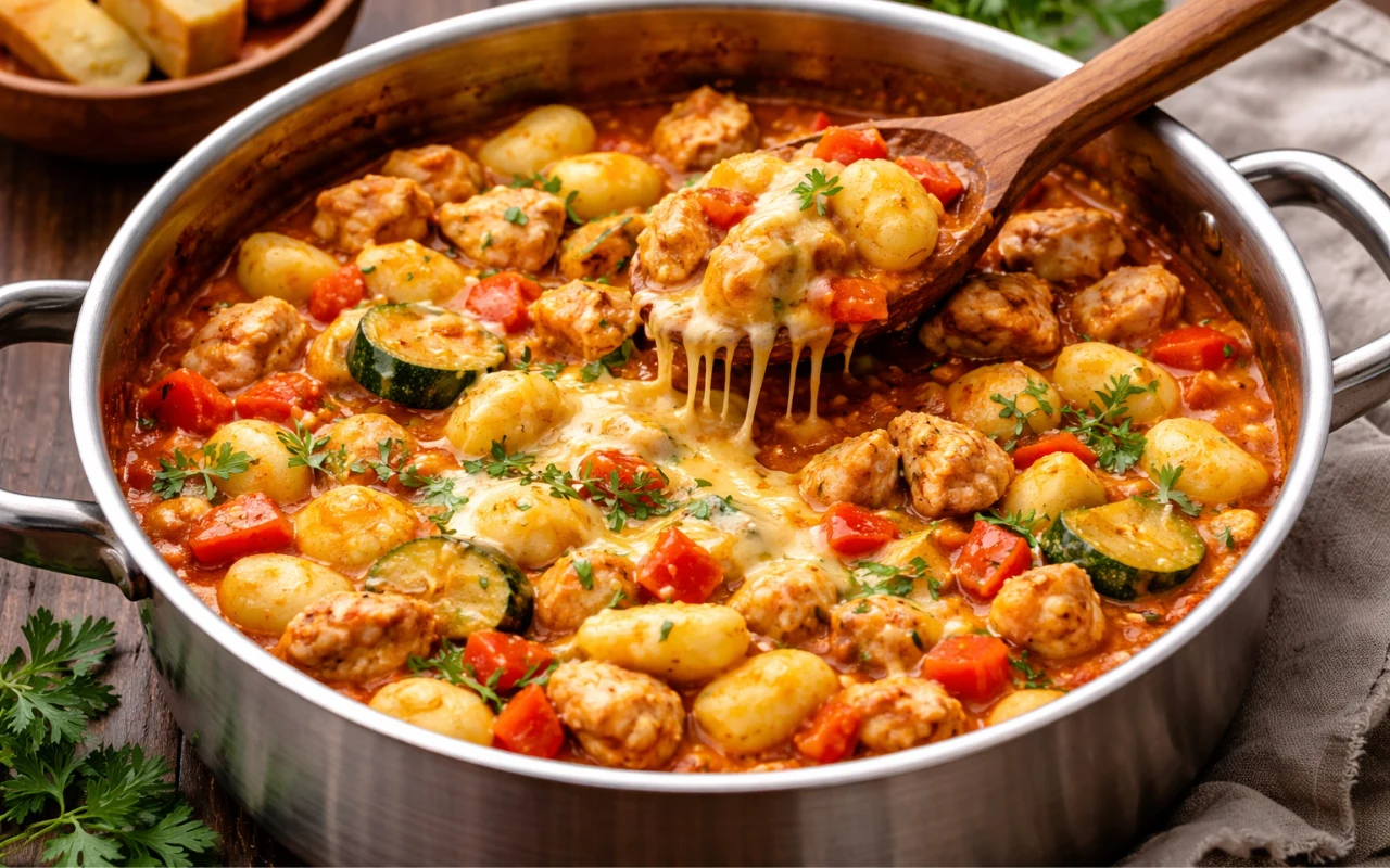 Szybkie danie jednogarnkowe na dwa dni Kolorowa potrawa w dużym garnku składająca się z gnocchi, kawałków kurczaka, cukinii, pomidorów, stopionego sera i świeżych ziół, z lekko przypieczoną warstwą sera na wierzchu oraz drewnianą łyżką unoszącą porcję dania.