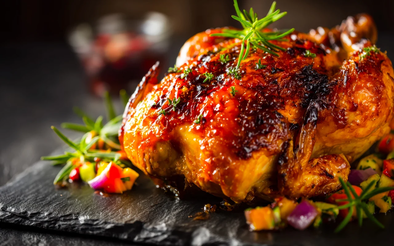 Soczysty, złocisty pieczony kurczak udekorowany świeżym rozmarynem, otoczony kawałkami kolorowych warzyw na ciemnej kamiennej desce.