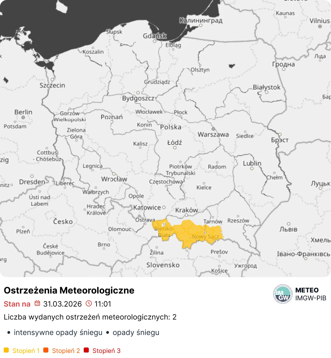 Mapa Polski z zaznaczonymi na żółto regionami południowej części kraju, gdzie obowiązują ostrzeżenia meteorologiczne pierwszego stopnia dotyczące intensywnych opadów śniegu i opadów śniegu, prezentowana wraz z aktualną datą i godziną wydania alertu.