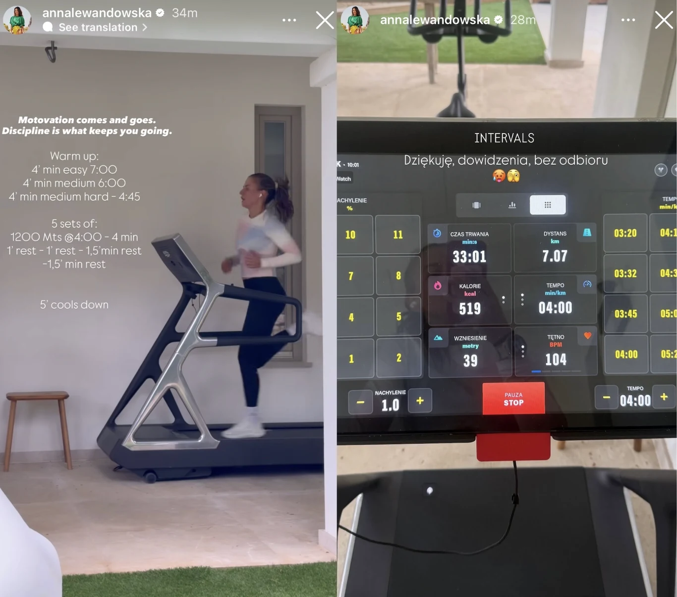 Kobieta w sportowym stroju biegnie na bieżni w nowoczesnym, jasnym pomieszczeniu; obok ekran bieżni pokazuje szczegółowe parametry treningu interwałowego, takie jak dystans, czas, kalorie i tempo, nad nim pojawia się motywacyjna wiadomość.