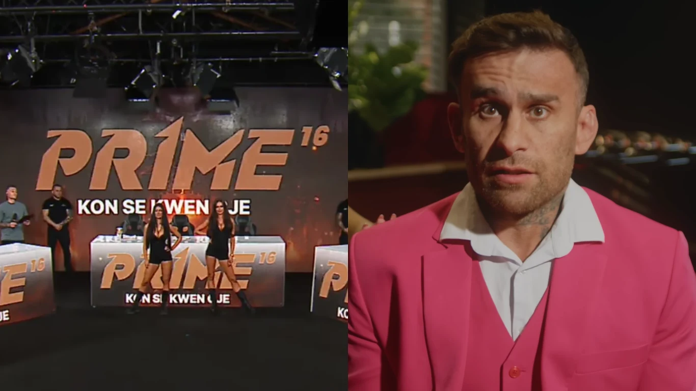 po lewej stronie scena z dużym logo PRIME 16, na której stoją trzy osoby, a w tle widoczny jest ciemny wystrój oraz profesjonalne oświetlenie; po prawej stronie zbliżenie na mężczyznę w różowym garniturze, siedzącego w eleganckim pomieszczeniu