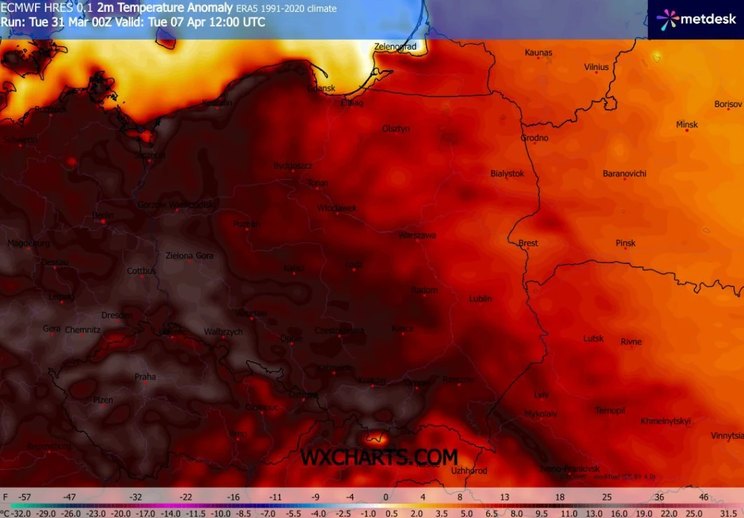 Mapa anomalii temperatury dla Polski i okolicznych regionów Europy Środkowej, z dominującymi odcieniami czerwieni wskazującymi na znacznie podwyższone wartości względem średniej z lat 1991–2020; skala barwna na dole mapy przedstawia stopień odchylenia ...