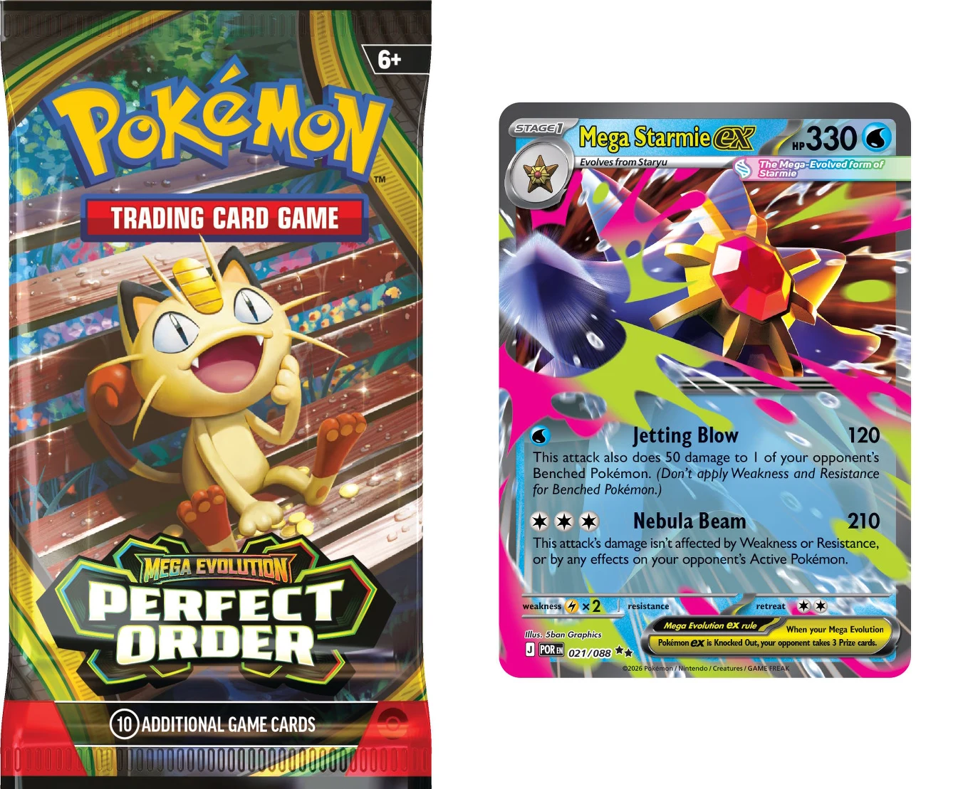opakowanie kart Pokémon z serii Mega Evolution Perfect Order z ilustracją postaci Meowth po lewej stronie oraz karta kolekcjonerska Mega Starmie GX z kolorową grafiką i informacjami o atakach oraz punktach zdrowia po prawej stronie