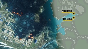 Mapa północnego Bałtyku i płonący terminal naftowy w Primorsku. Zdjęcie satelitarne z 23 marca