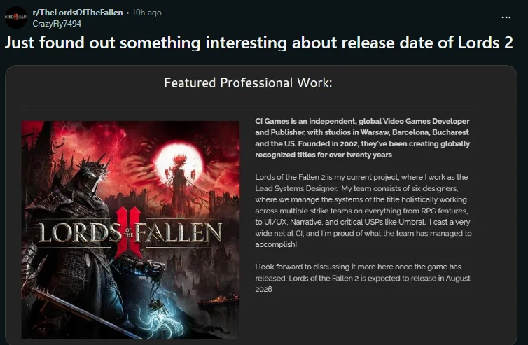 Grafika promocyjna gry Lords of the Fallen z ciemną, fantastyczną scenerią, wojownikiem z mieczem i czerwonym, rozświetlonym symbolem w tle, obok tekst opisujący twórców gry oraz planowaną datę premiery drugiej części w sierpniu 2026 roku.