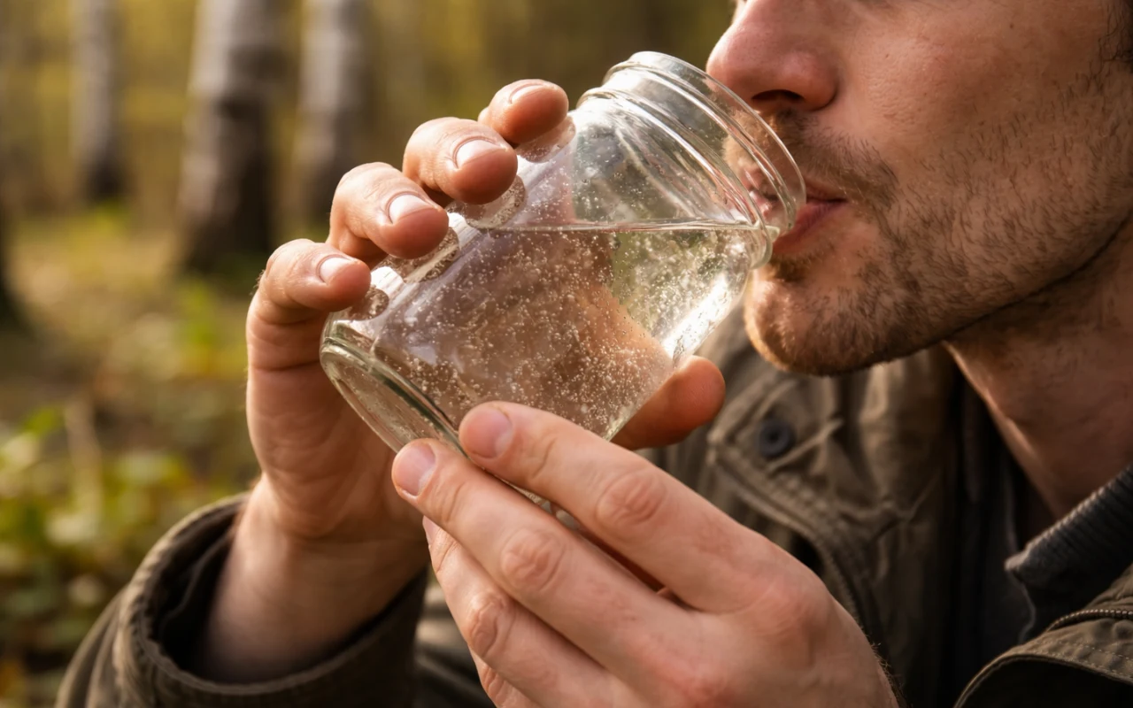 Jak pić wodę brzozową? mężczyzna pije wodę z przezroczystego słoika, trzymając naczynie obiema rękami, w tle rozmyte drzewa i naturalne otoczenie