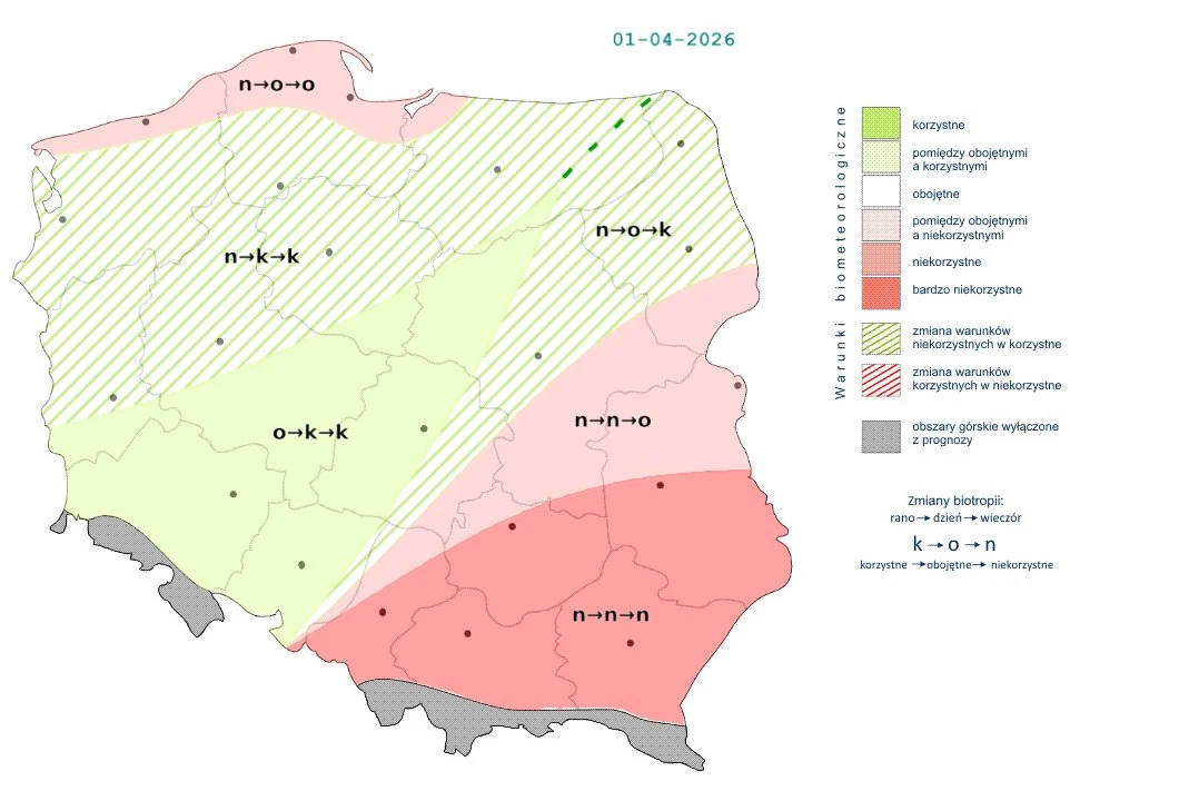 Mapa Polski z podziałem na strefy zaznaczone różnymi kolorami i wzorami, przedstawiającymi warunki do stosowania nawozów azotowych dnia 1 kwietnia 2026 roku; w legendzie wyjaśnienie użycia symboli oraz opis stref korzystnych, niekorzystnych i obszarów ...