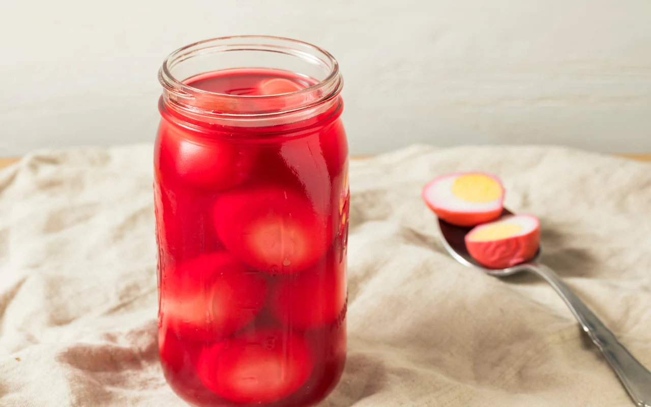 Słoik wypełniony jajkami marynowanymi w czerwonym occie, w tle leży łyżka z przekrojonym na pół jajkiem z różowym białkiem i żółtym środkiem, całość ustawiona na jasnym materiale.