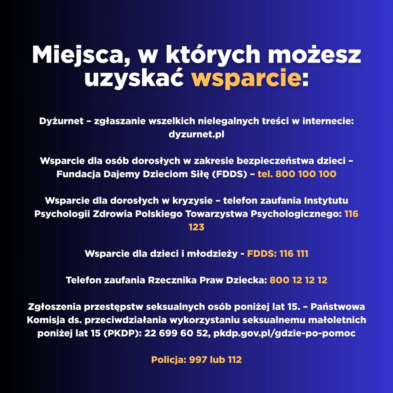 Infografika zawierająca listę miejsc i numerów telefonów, gdzie można uzyskać wsparcie w sytuacjach kryzysowych, dotyczących bezpieczeństwa dzieci, wsparcia psychologicznego oraz zgłaszania treści nielegalnych w internecie; na dole wyróżnione są numery...