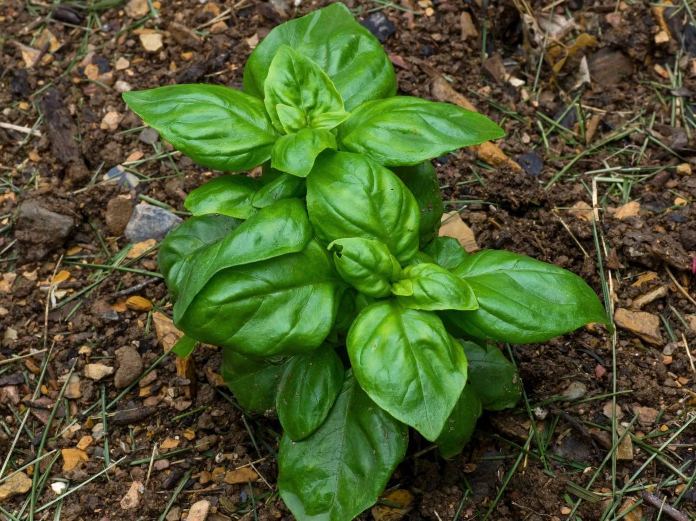 Zielona roślina bazylii z błyszczącymi, szerokimi liśćmi rosnąca na brunatnej ziemi ogrodowej