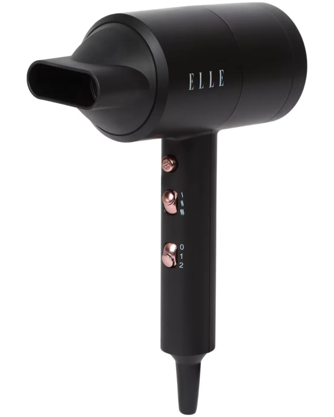 czarna suszarka do włosów z matowym wykończeniem, logo ELLE na obudowie, trzema przyciskami sterującymi w kolorze różowego złota i regulacją mocy, wyposażona w koncentrator powietrza