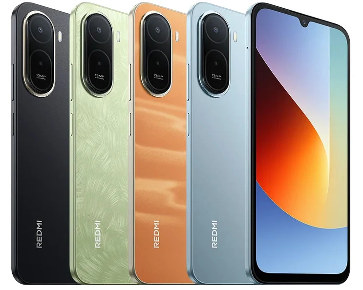 Cztery smartfony marki Redmi ustawione obok siebie, każdy w innym kolorze: czarnym, zielonym, pomarańczowym i niebieskim; widoczny duży ekran z wcięciem na aparat oraz tylne panele z pojedynczymi aparatami i lampą błyskową.