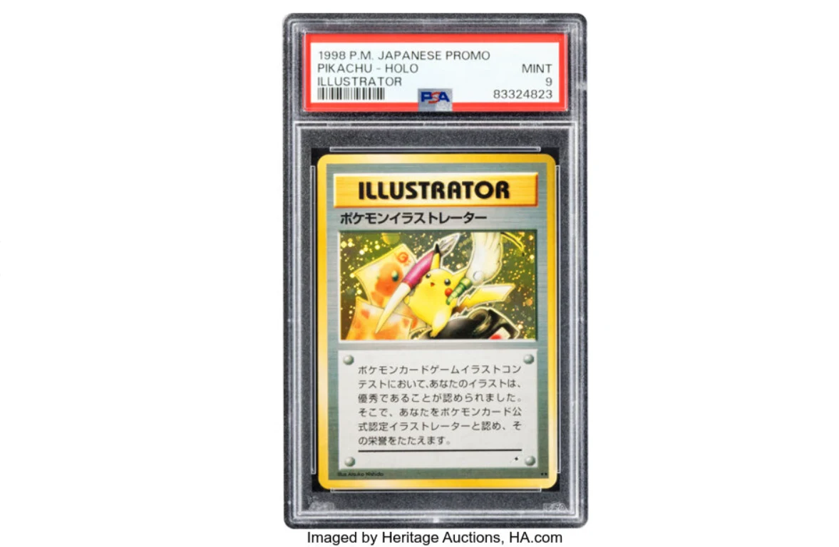 karta kolekcjonerska Pokémon Illustrator w plastikowym etui oceny stanu, z napisem 'ILLUSTRATOR' u góry, przedstawiająca postać Pikachu z jasnym tłem i japońskim tekstem poniżej ilustracji