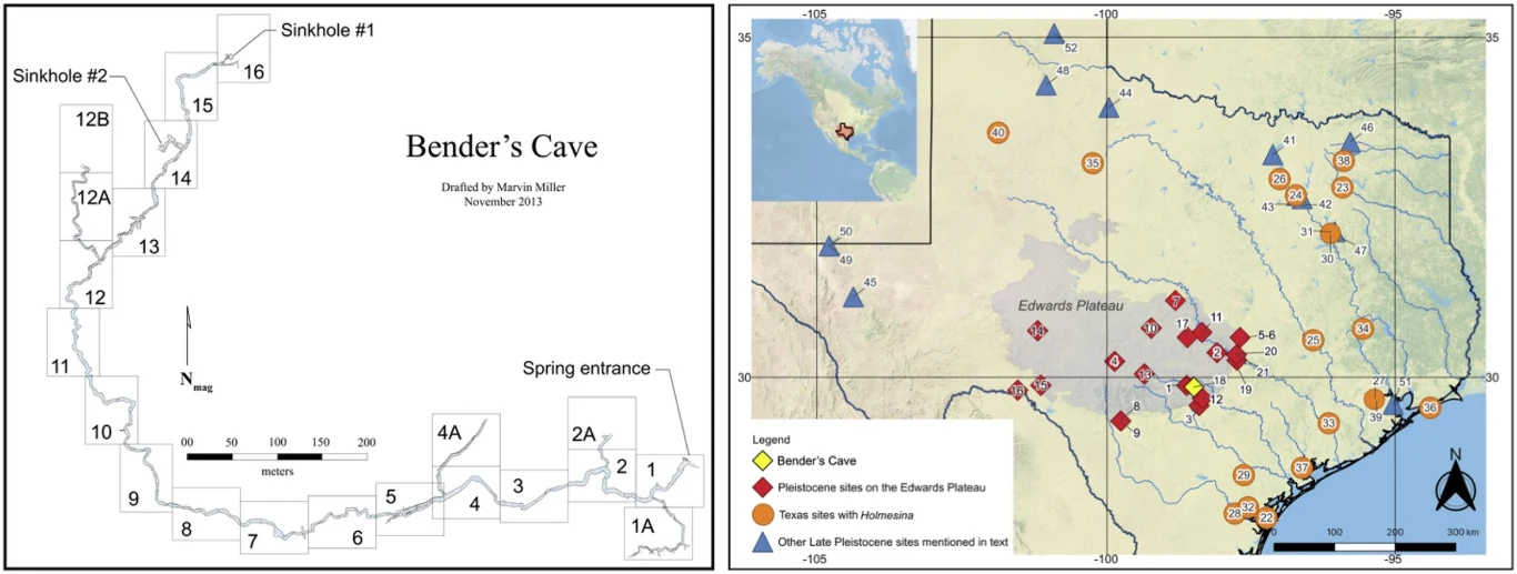 Po lewej stronie znajduje się schematyczny plan jaskini Bender’s Cave z oznaczonymi wejściami, komorami i numerowanymi segmentami, natomiast po prawej mapa geograficzna południowo-zachodnich Stanów Zjednoczonych z naniesioną lokalizacją jaskini oraz ró...