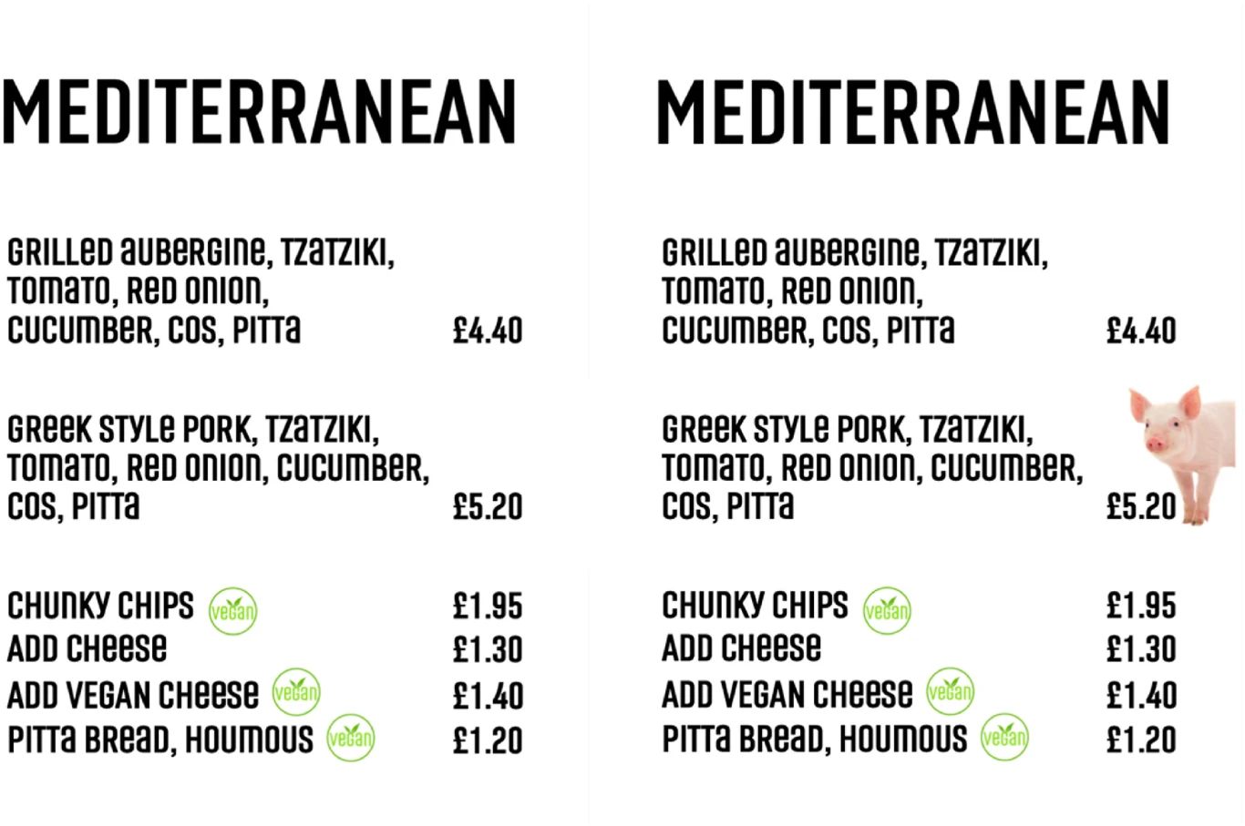 Dwa identyczne menu kuchni śródziemnomorskiej z wypisanymi daniami i cenami, gdzie po prawej stronie na białym tle znajduje się dodatkowo grafika małej świnki obok listy potraw.