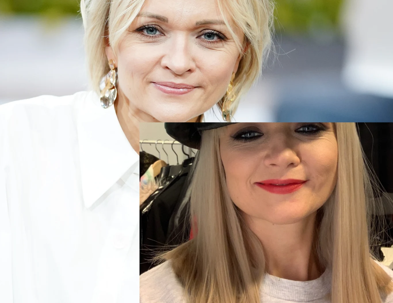 Dwie kobiety o blond włosach, jedna z uśmiechem, w dużych srebrnych kolczykach i białej koszuli, druga z prostymi rozpuszczonymi włosami, czerwoną szminką i kapeluszem, z widocznym tłem garderoby.
