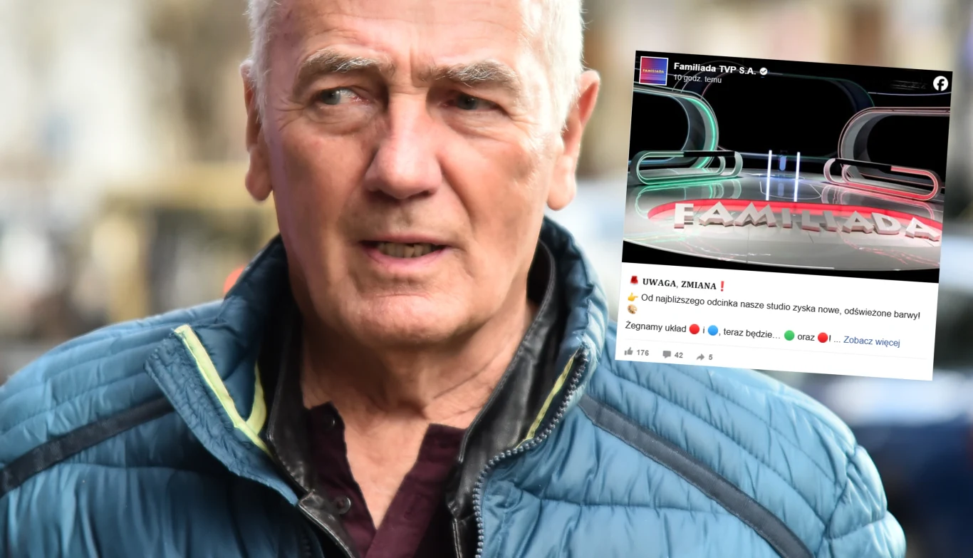 Starszy mężczyzna w niebieskiej kurtce patrzy przed siebie z poważnym wyrazem twarzy, nałożona grafika pokazuje logo programu telewizyjnego 'Familiada' z informacją tekstową o zmianie związanej z emisją programu.