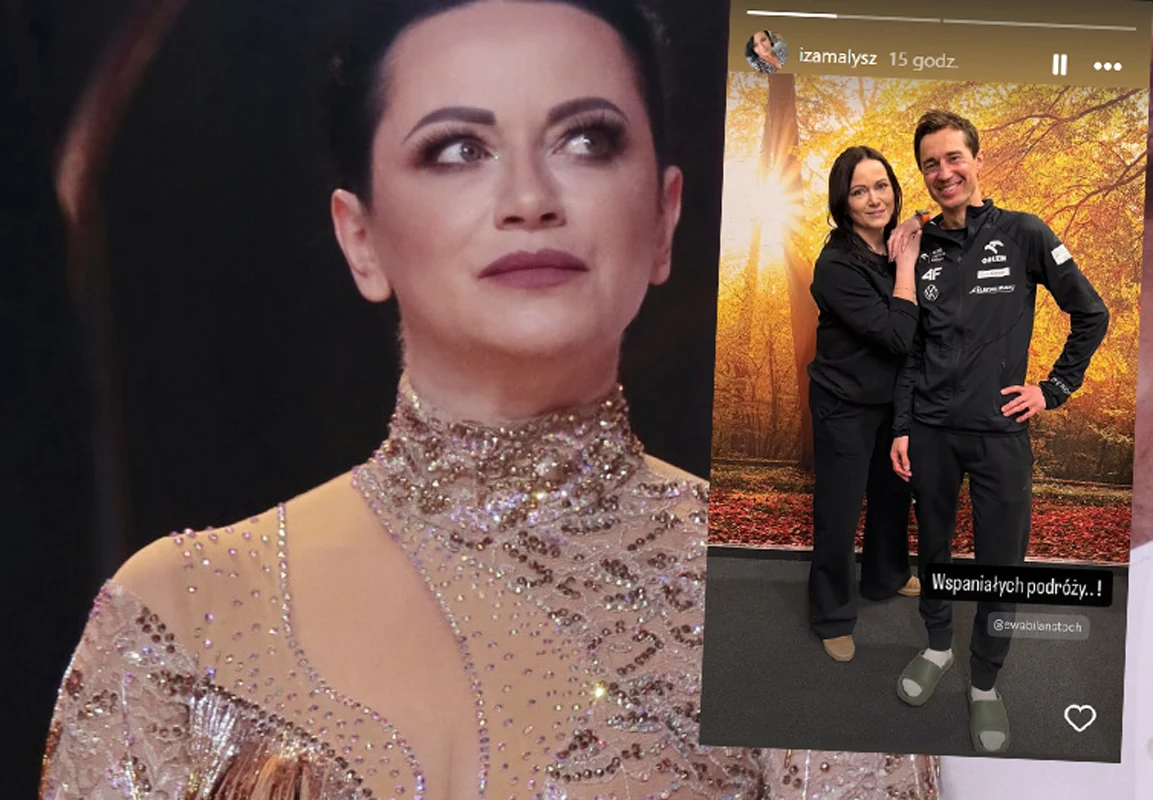 Kobieta w ozdobnej, błyszczącej sukni patrzy w górę z lekko zamyślonym wyrazem twarzy, obok niej nałożona jest fotografia prezentująca uśmiechniętą parę – kobietę i mężczyznę w sportowym stroju na tle jesiennego lasu.